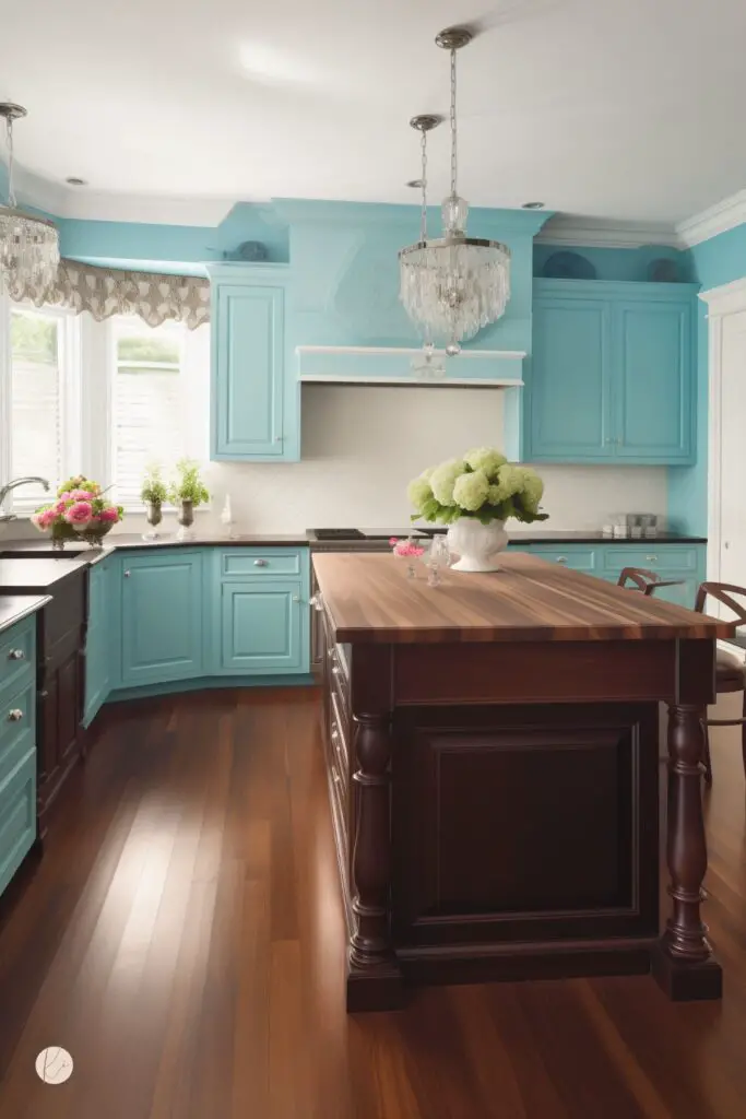 Traditional kitchen with baby blue cabinets, a dark chocolate brown island with turned legs, rich wood floors, and crystal chandeliers. White backsplash, floral window valance, and hydrangea centerpiece add a soft elegant touch to this two-tone kitchen design.