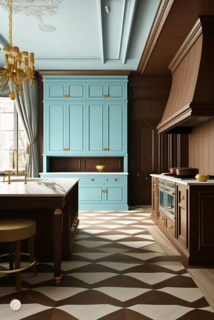 Elegant kitchen with chocolate brown cabinetry, tall baby blue cabinet wall, white marble countertops, and gold hardware. A large wood range hood, gold chandelier, blue-gray drapes, and bold geometric wood floor create a dramatic luxury kitchen design with classic details.