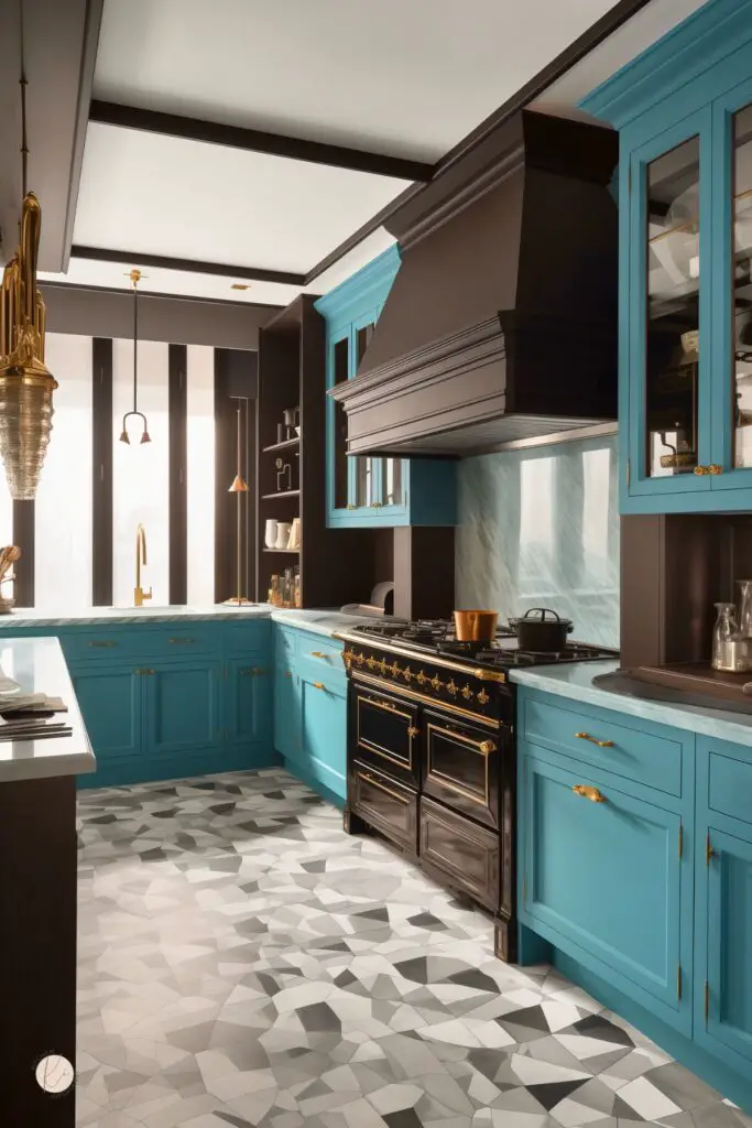 Designer kitchen with vivid baby blue cabinets, dark chocolate brown range hood and trim, pale blue marble-look counters, and gold hardware. Black and gold statement stove, geometric gray tile floor, tall black-framed windows, and open shelving give the space a bold luxury two-tone kitchen look.