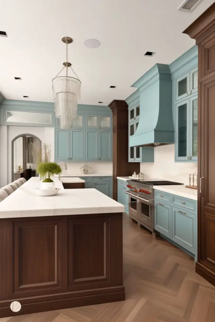 Luxury kitchen with chocolate brown wood island and pantry cabinets paired with baby blue cabinets and a matching range hood. White marble countertops, herringbone wood floor, large chandelier, and stainless steel range create an elegant two-tone kitchen design with classic trim and glass-front upper cabinets.