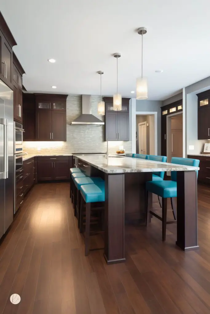Modern kitchen with dark chocolate brown cabinets, a large marble island, and bright blue bar stools that add a bold pop of color. Stainless steel appliances, pendant lights, and warm wood floors give the space a sleek, upscale look.