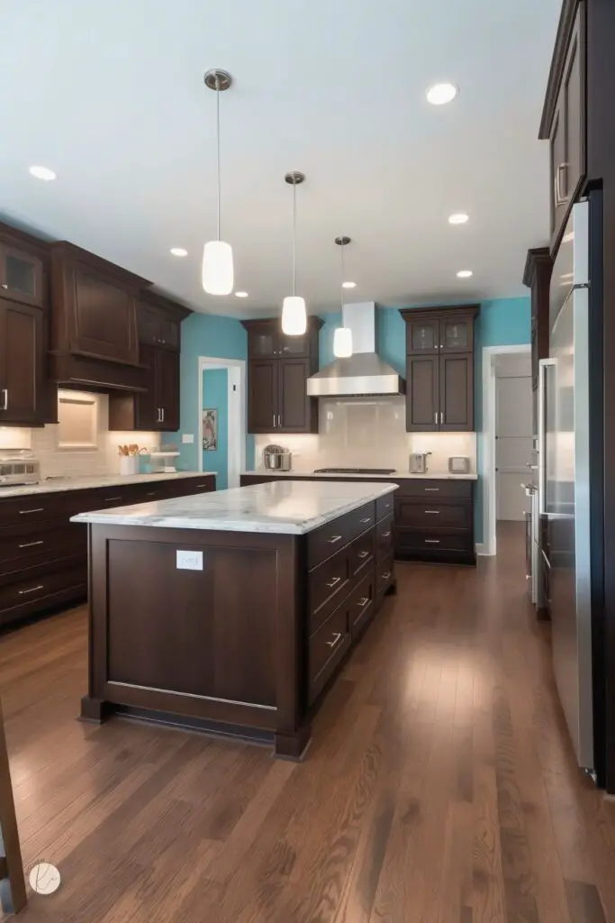 Spacious kitchen with chocolate brown cabinets, a large dark wood island, white marble countertops, and baby blue walls. Stainless steel range hood and refrigerator, white tile backsplash, pendant lighting, and warm wood floors create a clean modern kitchen design.