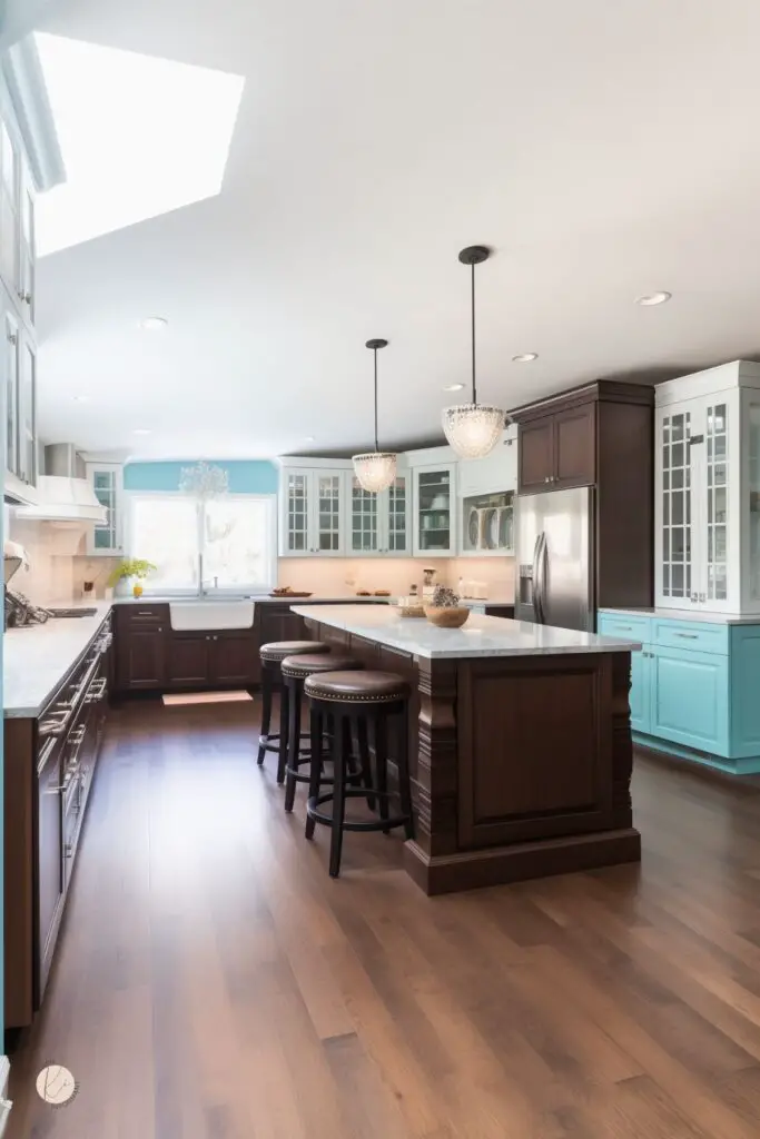 Bright kitchen with dark chocolate brown cabinets, white glass-front uppers, and baby blue lower cabinets at the far wall. Large dark wood island with marble countertop, two crystal pendant lights, stainless steel refrigerator, farmhouse sink, and warm wood floors under a skylight.