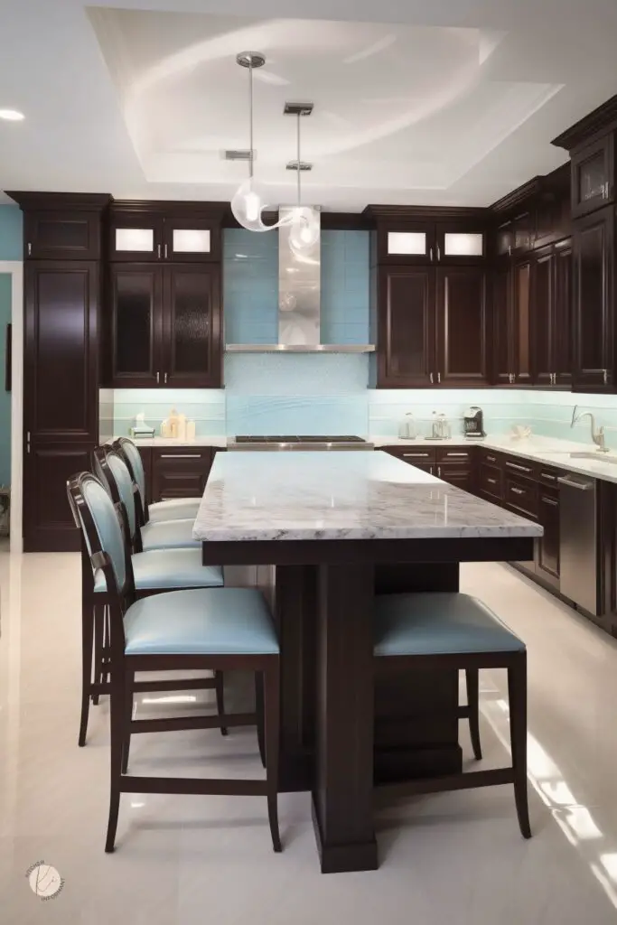 Elegant kitchen with dark chocolate brown cabinets, pale baby blue backsplash, and matching blue bar stools around a large marble island. Stainless steel hood, white countertops, glossy tile floor, and modern pendant lights add a polished luxury kitchen look.