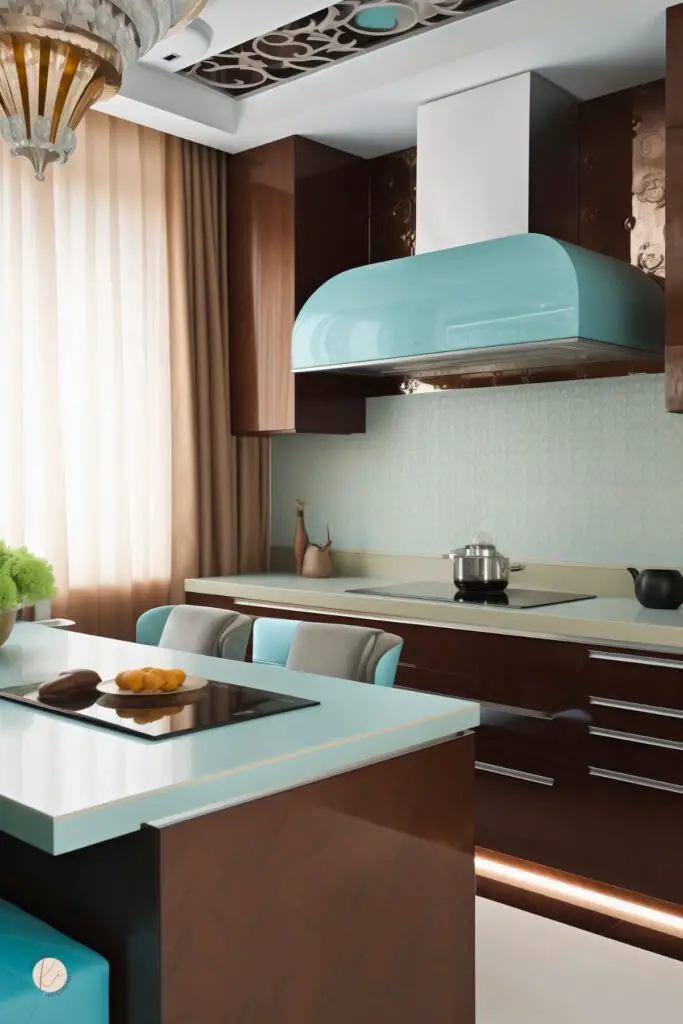 Modern kitchen with glossy chocolate brown cabinets, pale baby blue countertops, and a curved turquoise range hood. Matching blue seating, soft beige curtains, sleek cooktop island, and subtle under-cabinet lighting give the space a polished contemporary look.