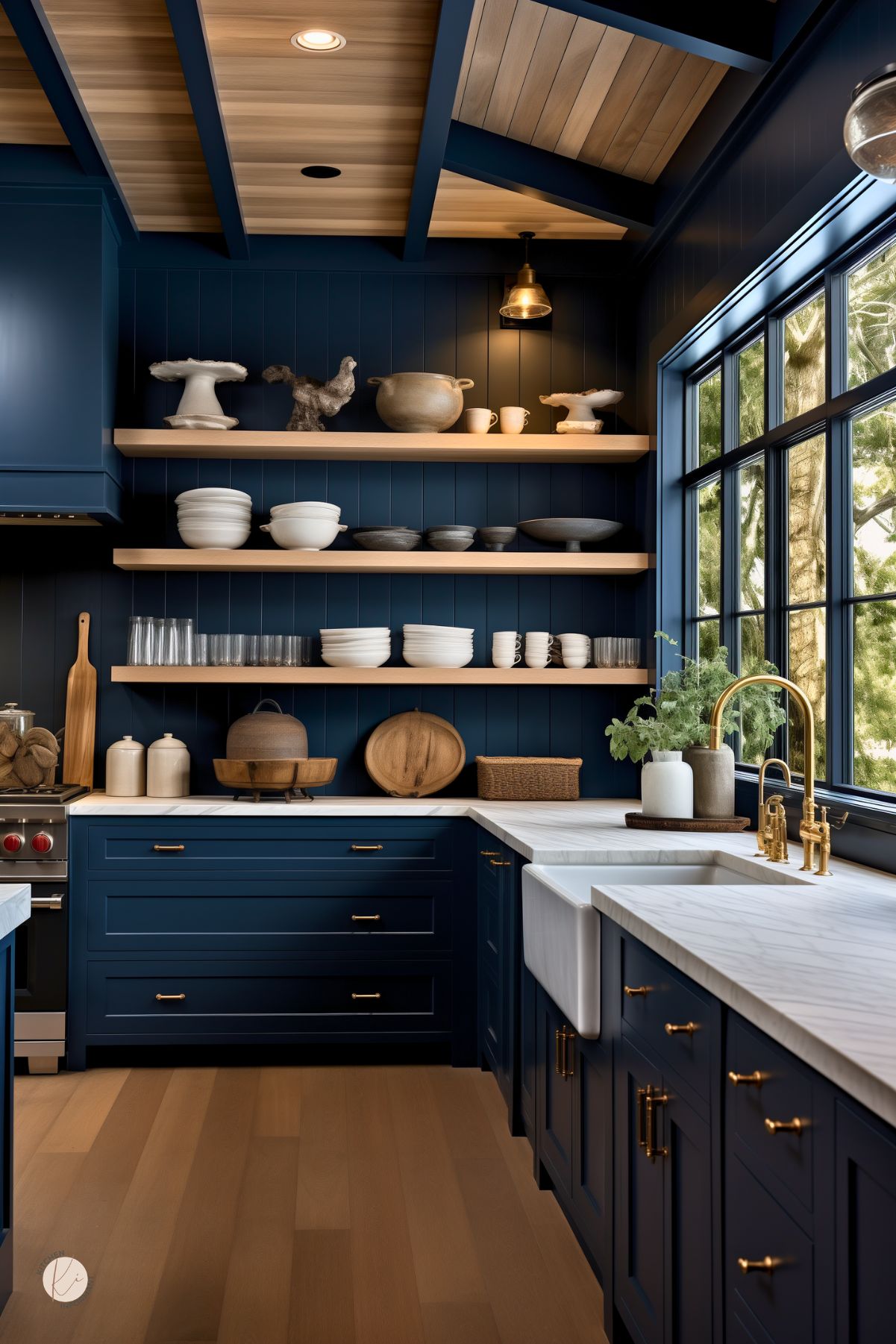 Dark blue kitchen with navy blue shaker cabinets, matching paneled walls, and warm wood ceiling beams. White marble countertops, apron-front farmhouse sink, and brass faucet add contrast. Open wood shelves hold white dishes, bowls, and decor. Large black-framed windows bring in natural light and a view of trees.