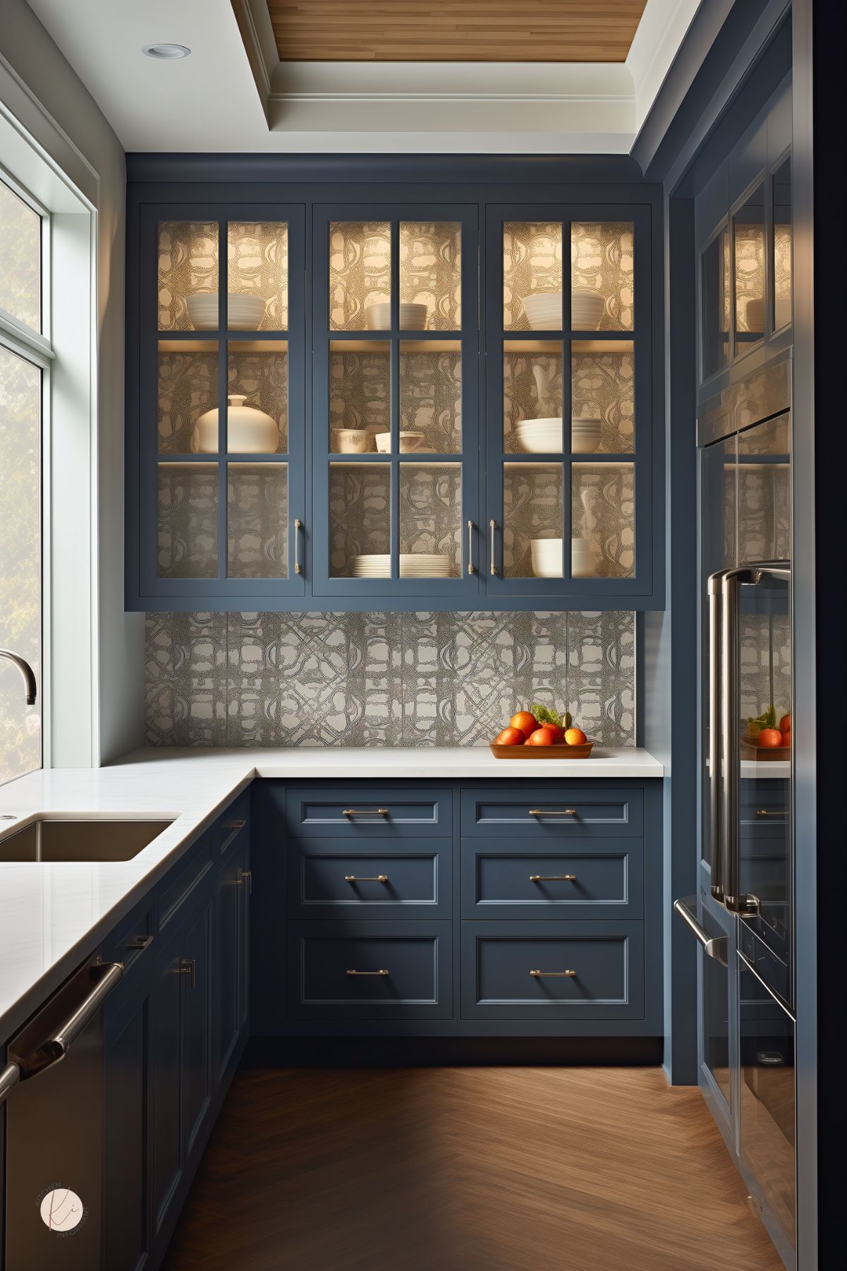 Dark blue kitchen with navy blue shaker cabinets, glass-front upper cabinets, and a gray patterned tile backsplash. White countertops and a stainless refrigerator brighten the space, while warm interior cabinet lighting highlights stacked dishes and decor. Dark wood herringbone floors and a tray ceiling with wood inset add warmth.
