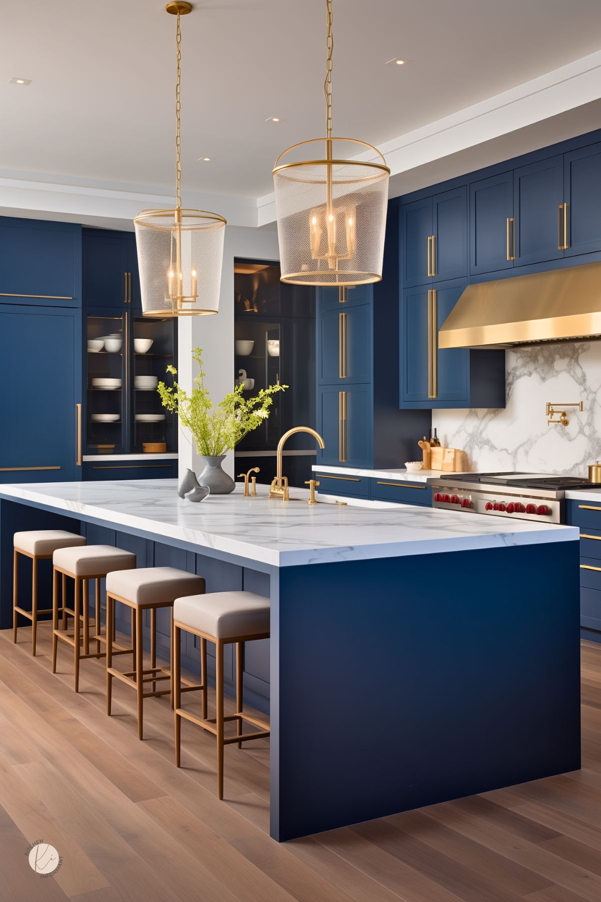 Modern dark blue kitchen with navy blue flat-panel cabinets, a large waterfall island, and white marble countertops. Brass hardware, gold faucet, and two oversized mesh pendant lights add warmth and contrast. Light wood floors, upholstered bar stools, a marble backsplash, and built-in storage create a bright upscale kitchen design.