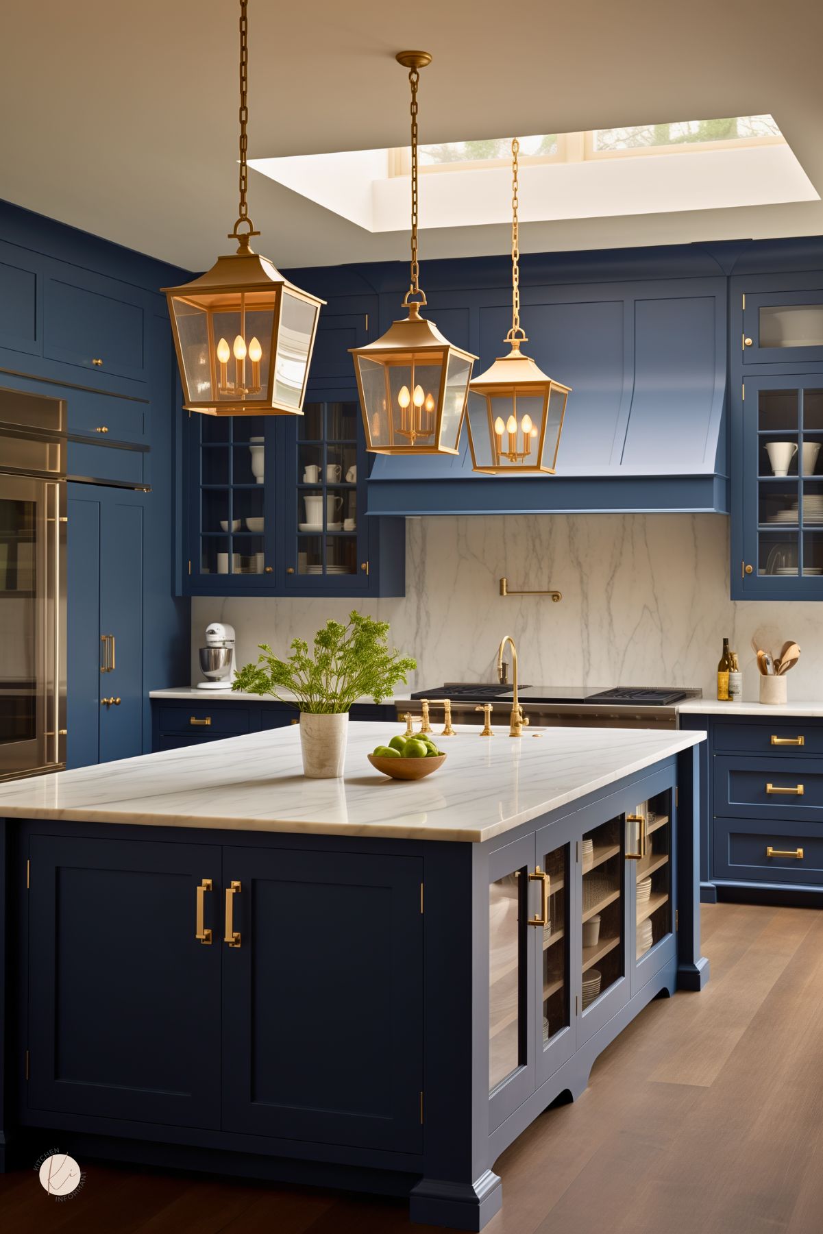 Dark blue kitchen with navy blue cabinets, a large white waterfall island, and brass hardware throughout. Three oversized lantern pendant lights hang under a skylight, adding warmth to the bright space. Marble backsplash, glass-front cabinets, built-in oven, and light wood floors give this luxury kitchen a polished, timeless look.