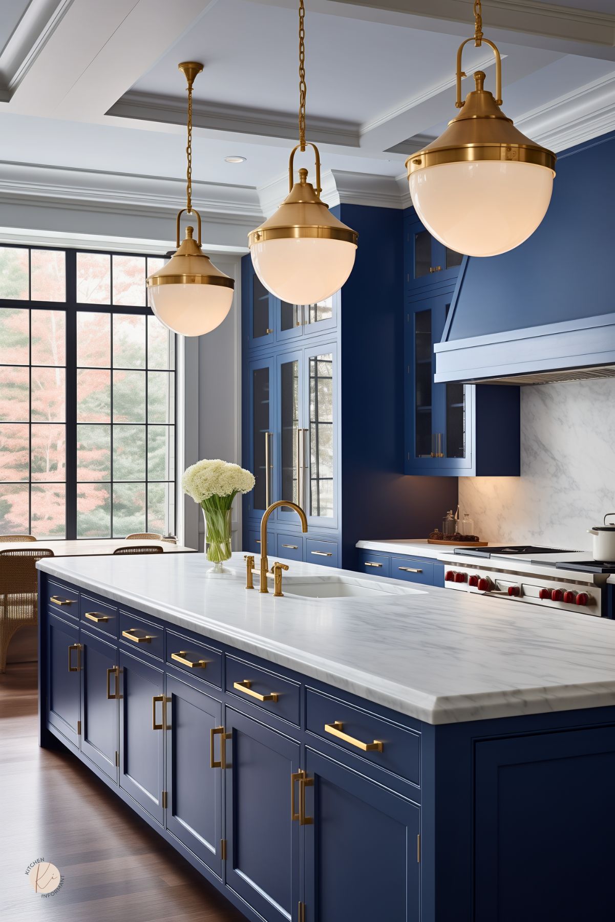 Dark blue kitchen with navy blue cabinets, a long white marble island, and brass hardware throughout. Three oversized white and brass pendant lights hang above the island, while a matching brass faucet and blue range hood add contrast. Large black-framed windows, a marble backsplash, and warm wood floors complete the bright luxury kitchen design.