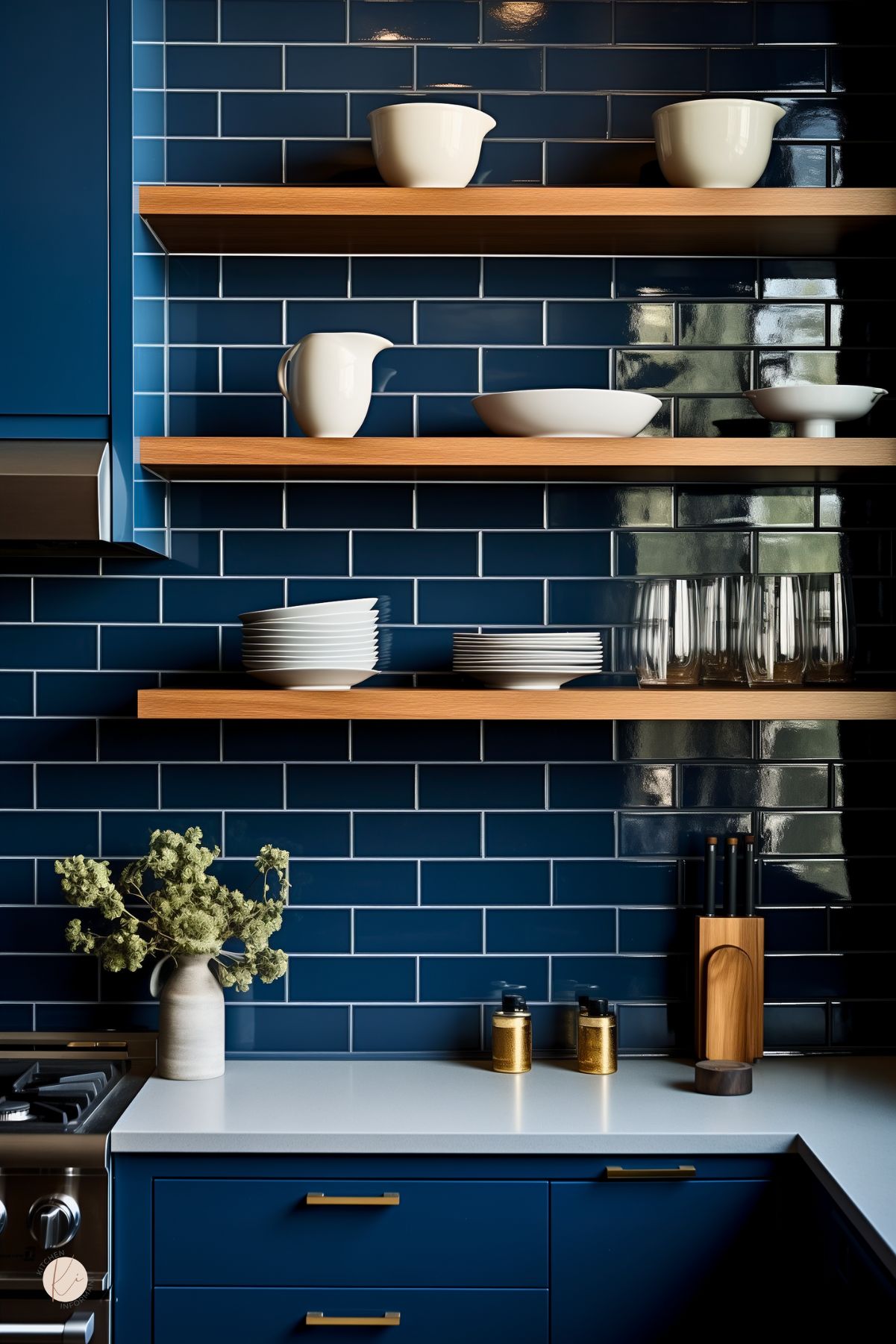 Dark blue kitchen with glossy navy subway tile backsplash, open wood shelves, and navy blue lower cabinets with brass pulls. White dishes, glassware, and simple decor are styled on the shelves and counter. White countertops and warm wood accents balance the moody modern kitchen design.