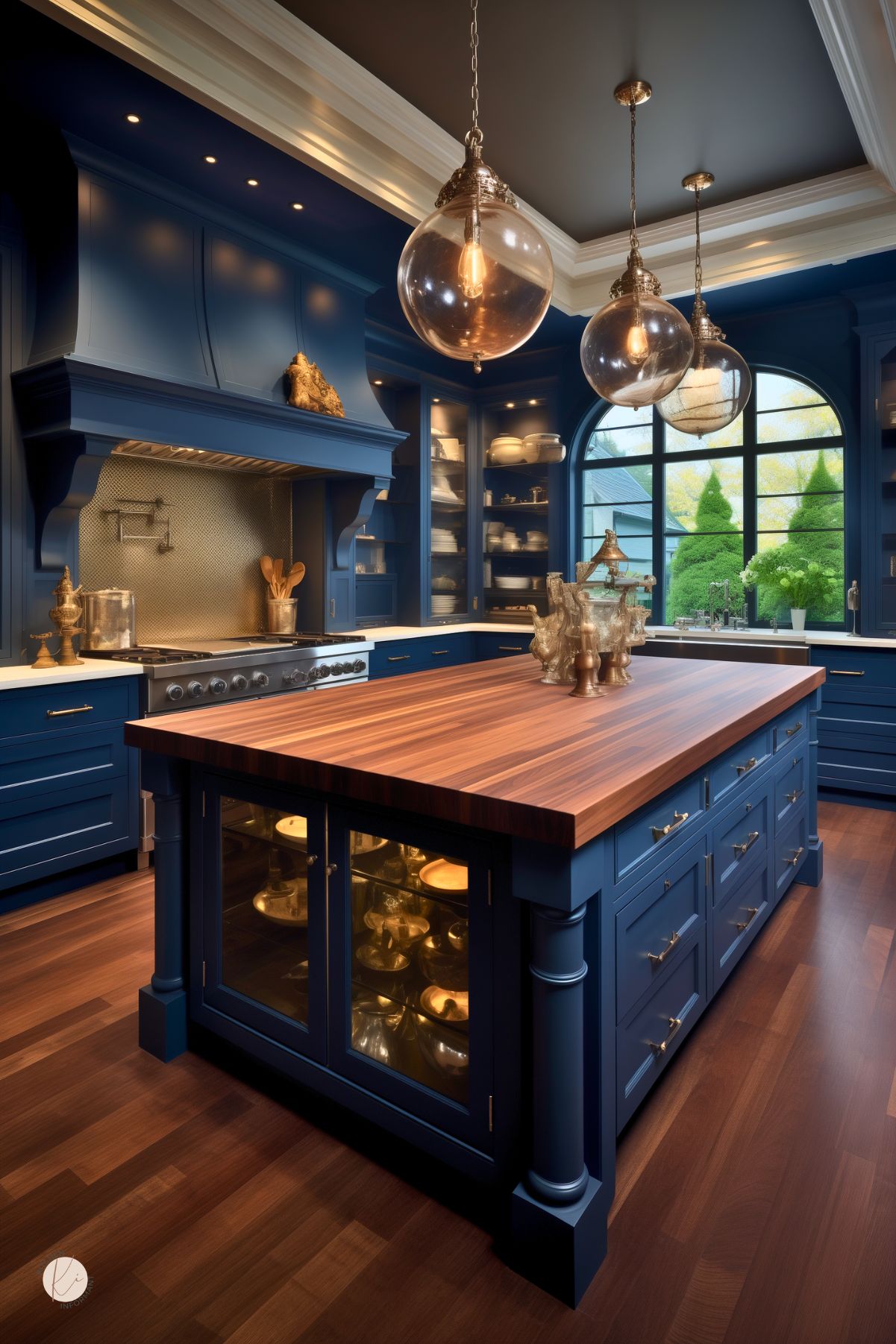 Dark blue luxury kitchen with navy blue cabinets, a large wood waterfall island, and warm wood flooring. Three oversized glass globe pendant lights hang above the island. Arched black-framed window, white crown molding, and built-in shelving add drama. Brass hardware and glass-front island storage complete the elegant kitchen design.
