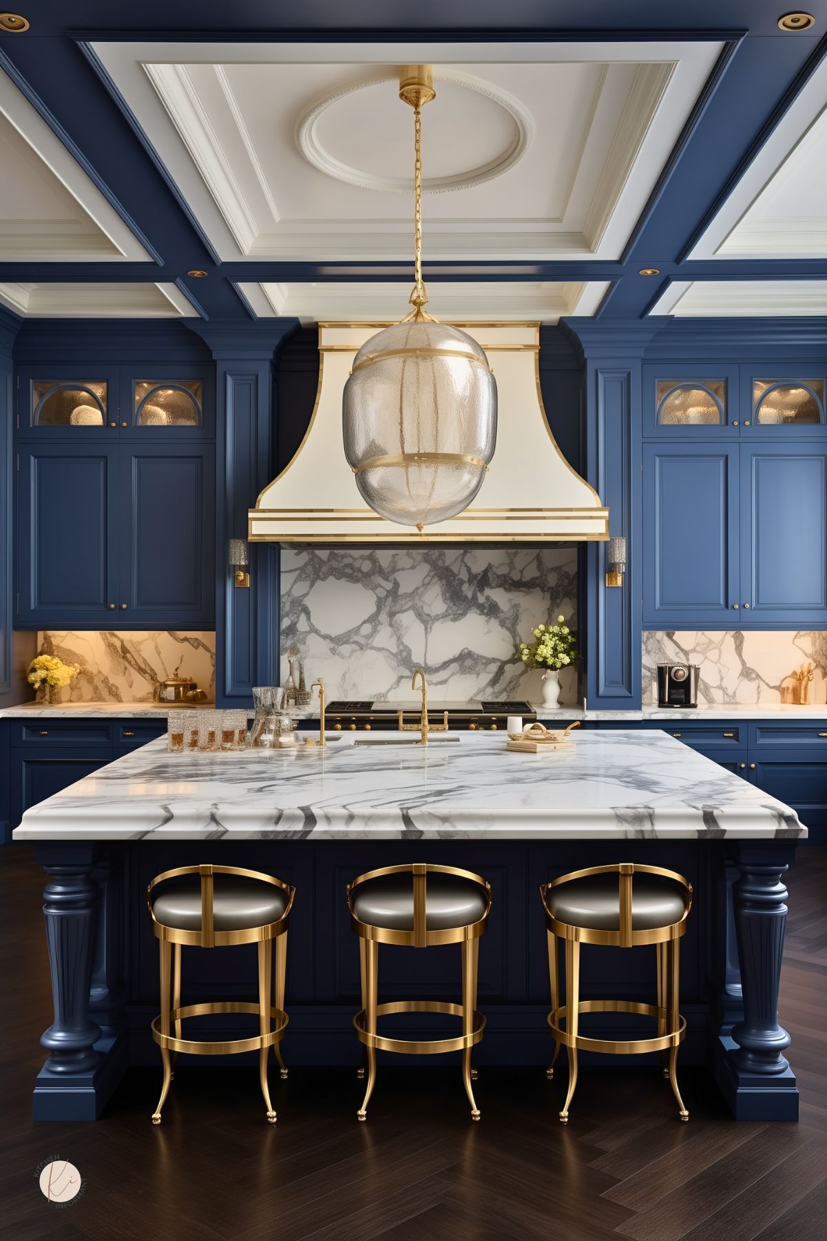 Dark blue luxury kitchen with navy blue paneled cabinets, a white marble waterfall island, and bold gray veined marble backsplash. Gold bar stools, brass faucet, and a large gold pendant light add glamour. Coffered ceiling, dark wood floors, and cream-trimmed range hood give the space a dramatic upscale look.