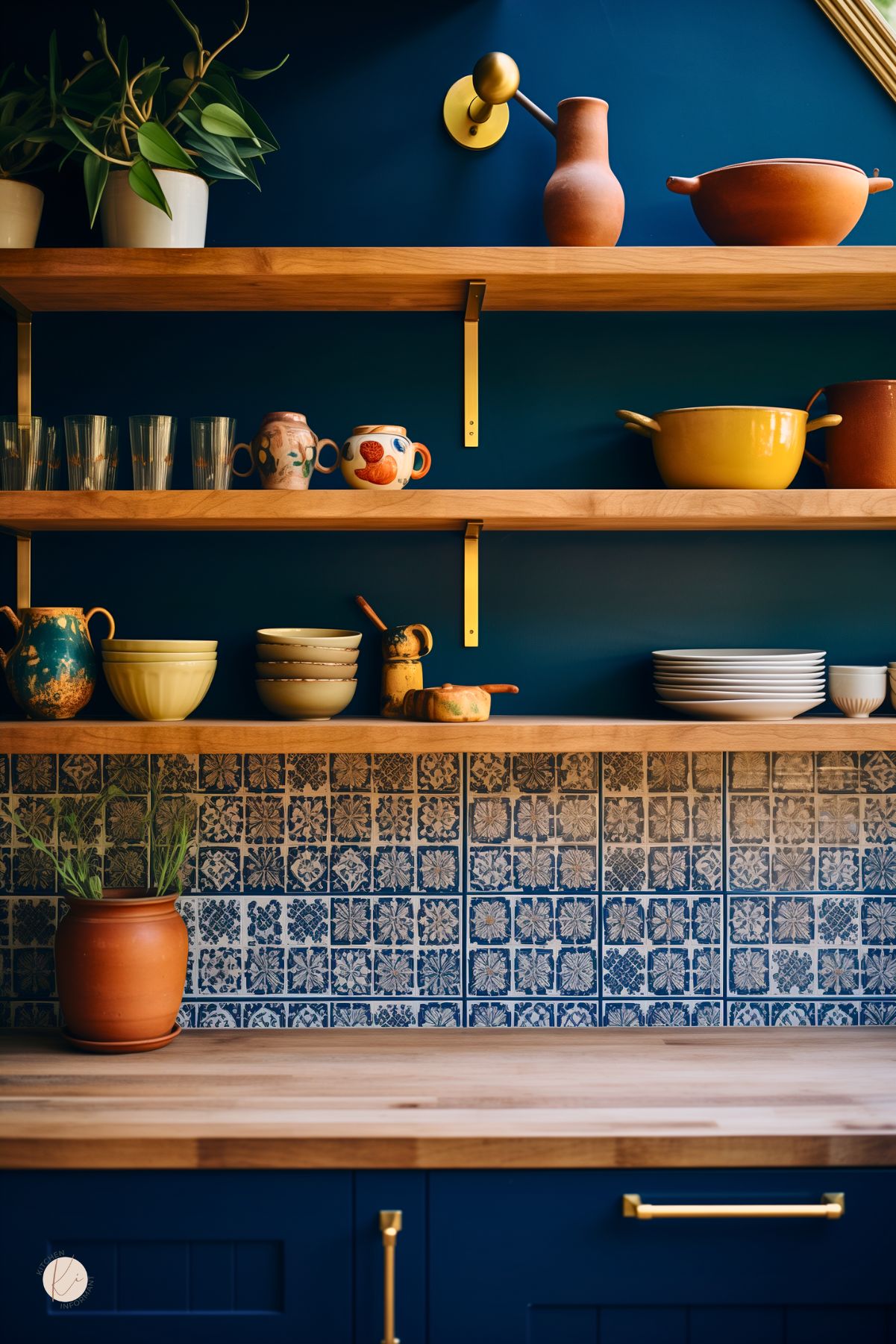 Dark blue kitchen wall with open wood shelves, brass brackets, and a blue patterned tile backsplash. Shelves are styled with white plates, yellow and terracotta pots, bowls, glasses, mugs, and potted plants. Light wood countertop and navy blue lower cabinets with brass hardware add warmth to the moody kitchen design.