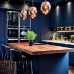Modern dark blue kitchen with flat-panel navy cabinets, a large blue island topped with thick warm wood, and four upholstered bar stools. Three smoky glass pendant lights hang overhead. Built-in wall ovens, white countertops, brass faucet, and soft under-cabinet lighting add contrast against the sleek blue walls.