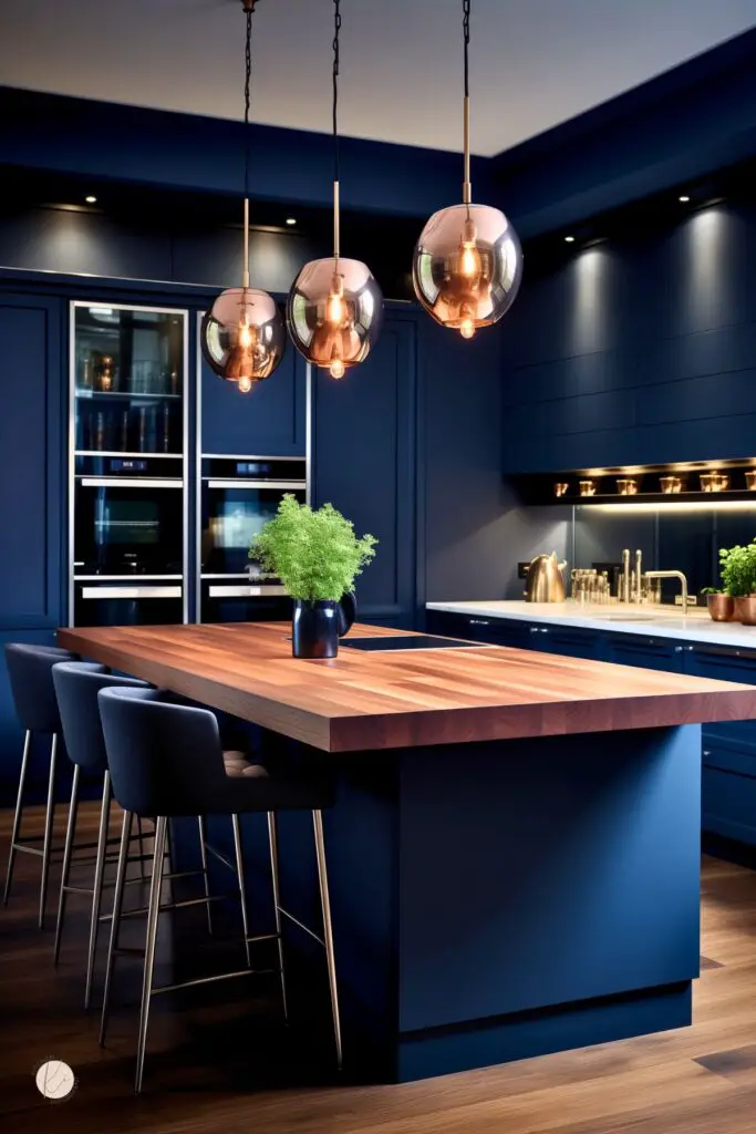 Modern dark blue kitchen with flat-panel navy cabinets, a large blue island topped with thick warm wood, and four upholstered bar stools. Three smoky glass pendant lights hang overhead. Built-in wall ovens, white countertops, brass faucet, and soft under-cabinet lighting add contrast against the sleek blue walls.