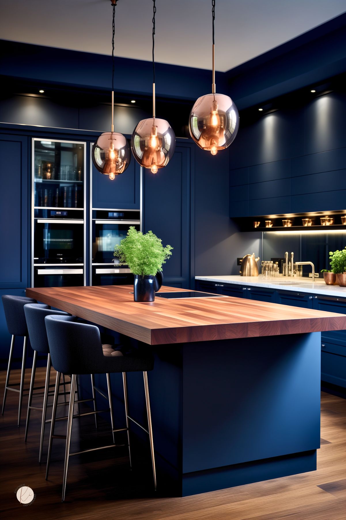 Modern dark blue kitchen with flat-panel navy cabinets, a large blue island topped with thick warm wood, and four upholstered bar stools. Three smoky glass pendant lights hang overhead. Built-in wall ovens, white countertops, brass faucet, and soft under-cabinet lighting add contrast against the sleek blue walls.