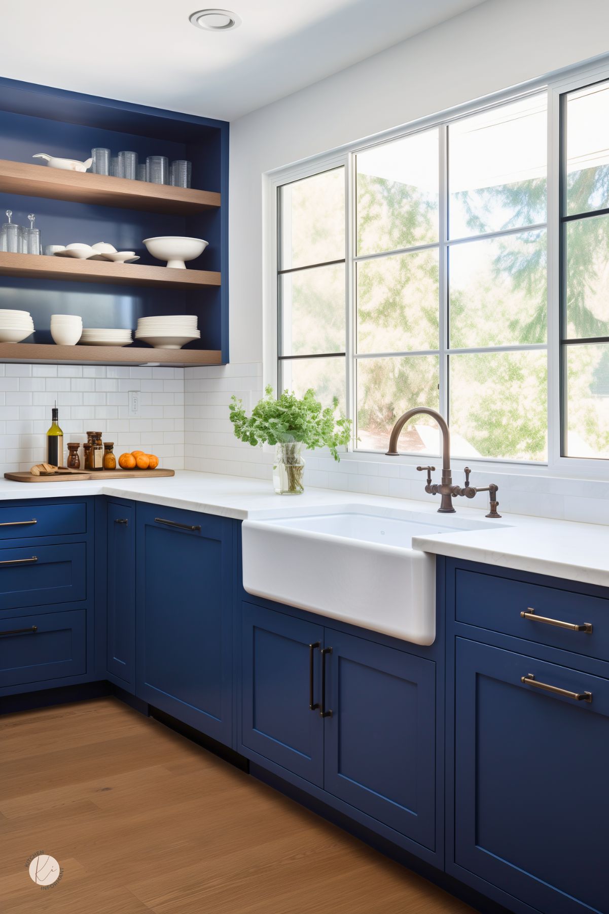 Bright dark blue kitchen with navy blue shaker cabinets, white countertops, and a white farmhouse sink under a large picture window. Open wood shelves display white dishes and glassware above a white subway tile backsplash. Warm wood flooring and a bronze faucet add contrast, with fresh greenery and small orange accents on the counter.