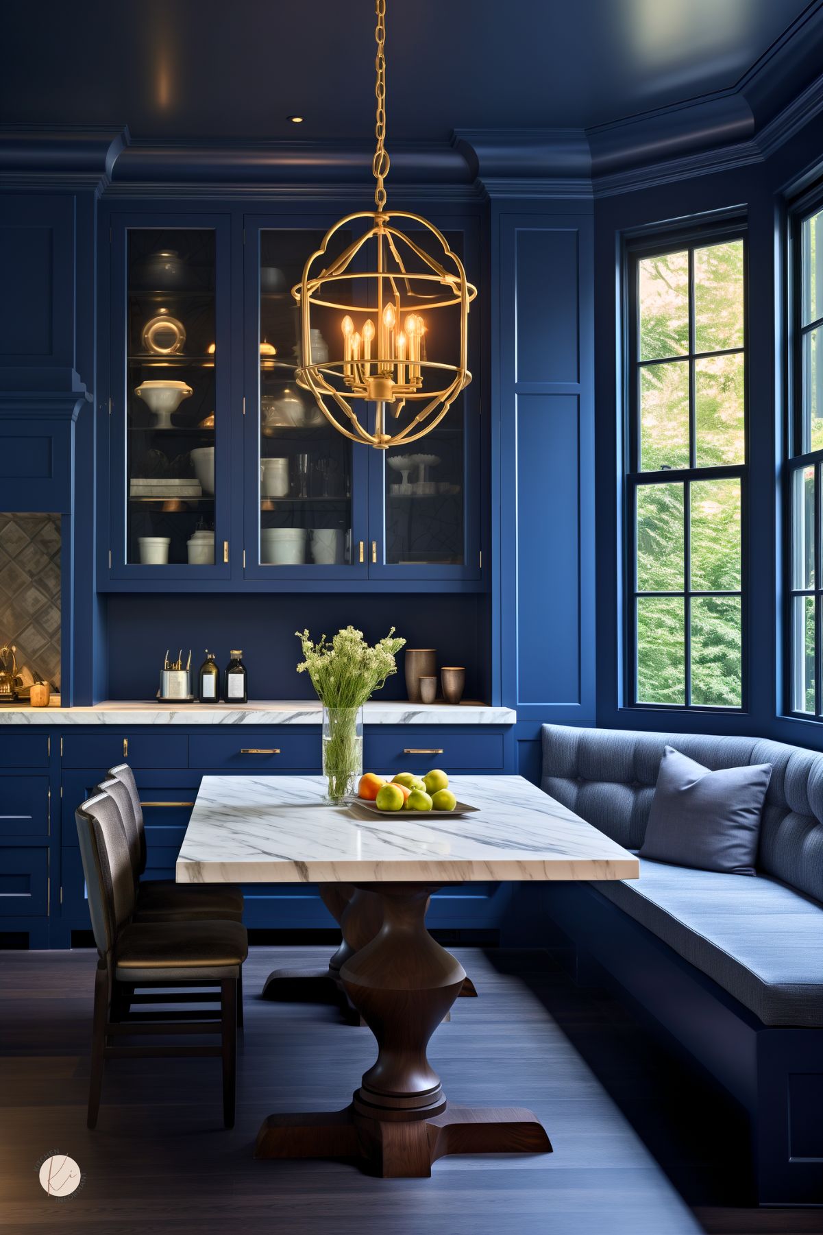 Dark blue kitchen dining nook with navy blue cabinets, glass-front uppers, and a built-in blue banquette. A white marble table with a sculptural dark wood base sits beneath a gold lantern chandelier. Large black-framed windows, brass hardware, fresh flowers, and fruit add contrast to the moody blue kitchen design.