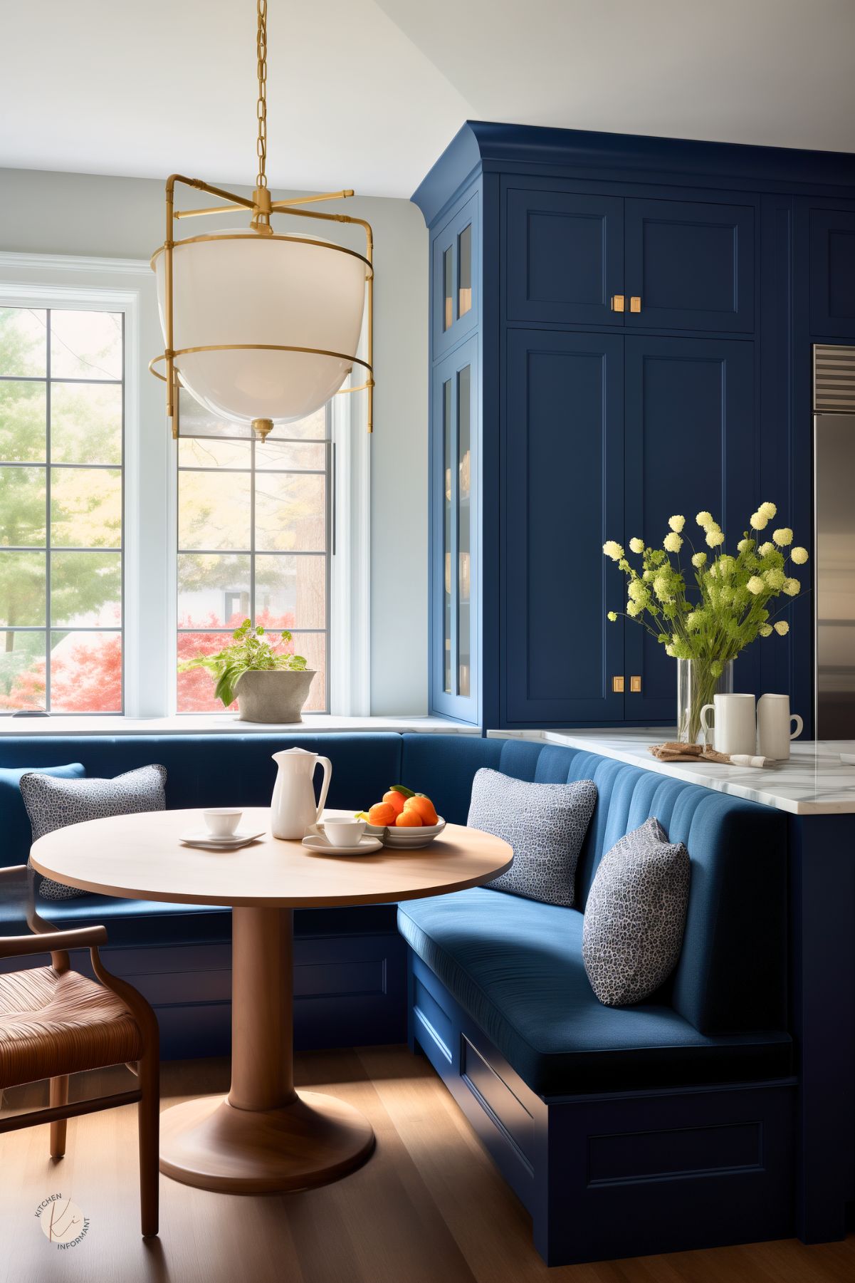 Dark blue kitchen breakfast nook with navy blue built-in banquette seating, matching tall cabinets, and a round wood pedestal table. Large windows bring in natural light, while a brass and frosted glass pendant light adds warmth. Blue cushions, fresh flowers, white mugs, and a bowl of oranges create a cozy kitchen dining space.