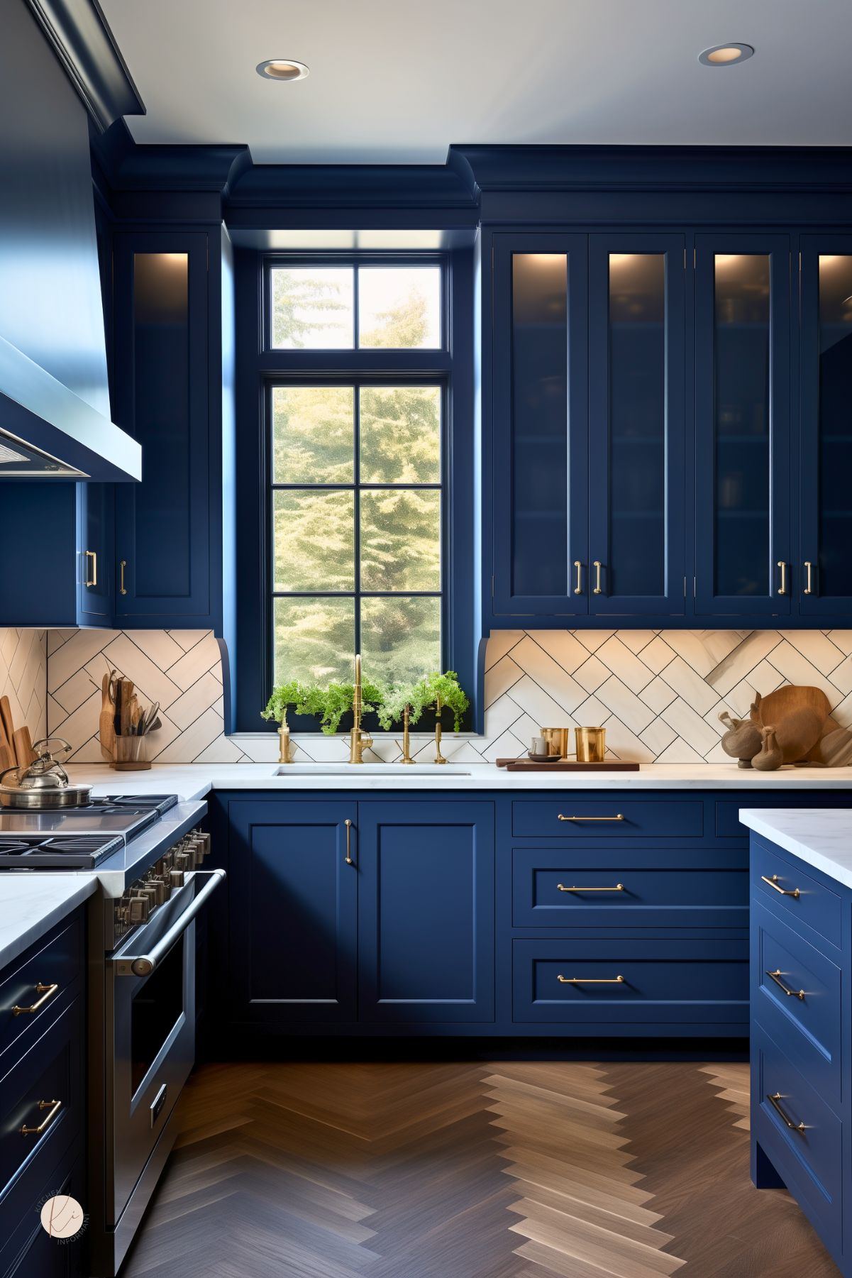 Dark blue kitchen with navy blue shaker cabinets, tall glass-front uppers, and a white herringbone tile backsplash. Brass hardware and faucet warm up the space, while a black-framed window over the sink brings in natural light. White countertops, wood cutting boards, and dark herringbone floors add contrast.