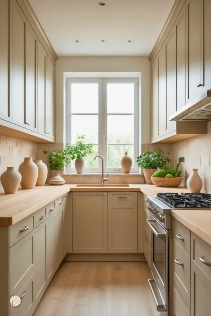A modern kitchen with beige and taupe cabinets, wooden countertops, stone backsplash, stainless steel appliances, and green plants by large windows.
