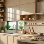 A modern kitchen with wooden cabinets, stone countertops, stainless steel appliances, and small potted plants on the windowsill.