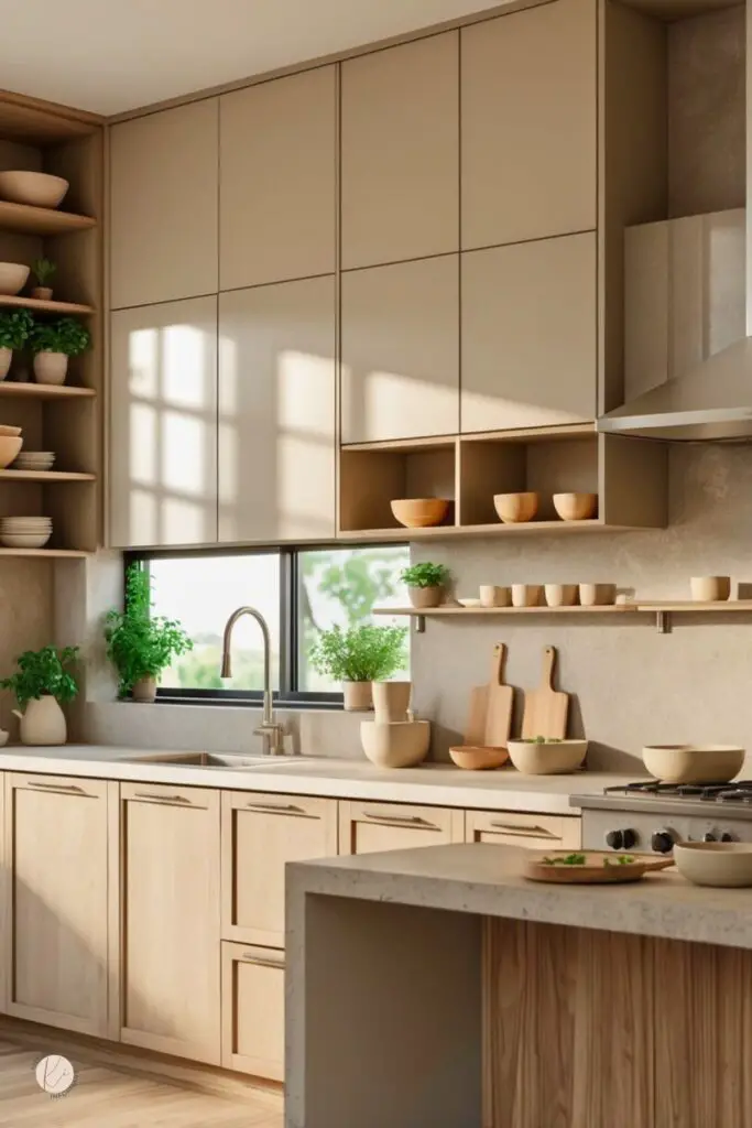 A modern kitchen with wooden cabinets, stone countertops, stainless steel appliances, and small potted plants on the windowsill.