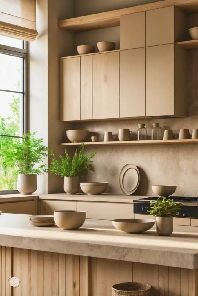 A modern kitchen with natural wood cabinets, stone countertops, and potted plants on a kitchen island under soft natural light.