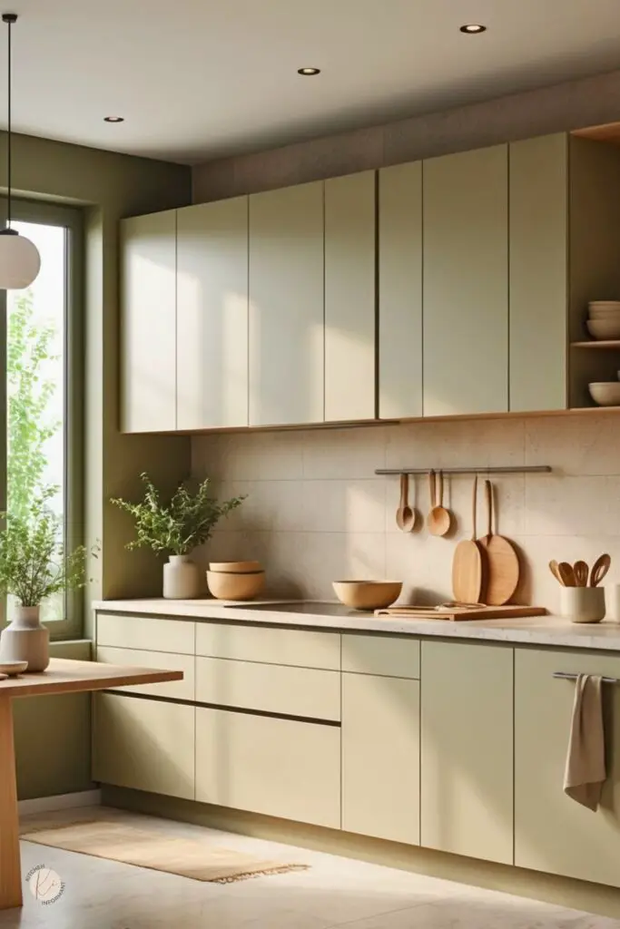 A modern kitchen with neutral earthy colors, wooden cabinets, stone countertops, potted plants, and natural light.