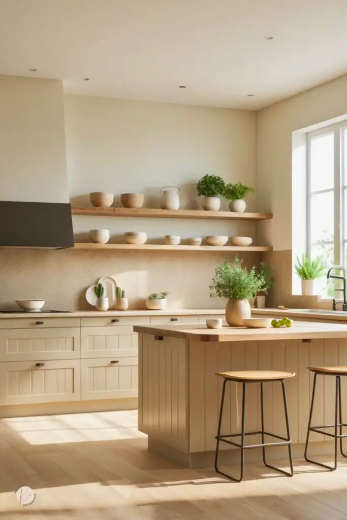 A bright kitchen with wooden cabinets, stone countertops, a large island, and green plants by the window.