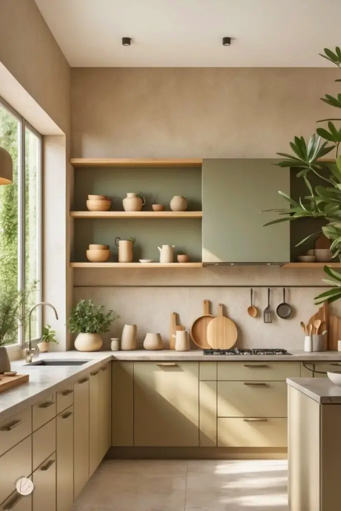 A modern kitchen with warm beige, taupe, olive green, and natural wood tones, featuring a large island, open shelving, and indoor plants.