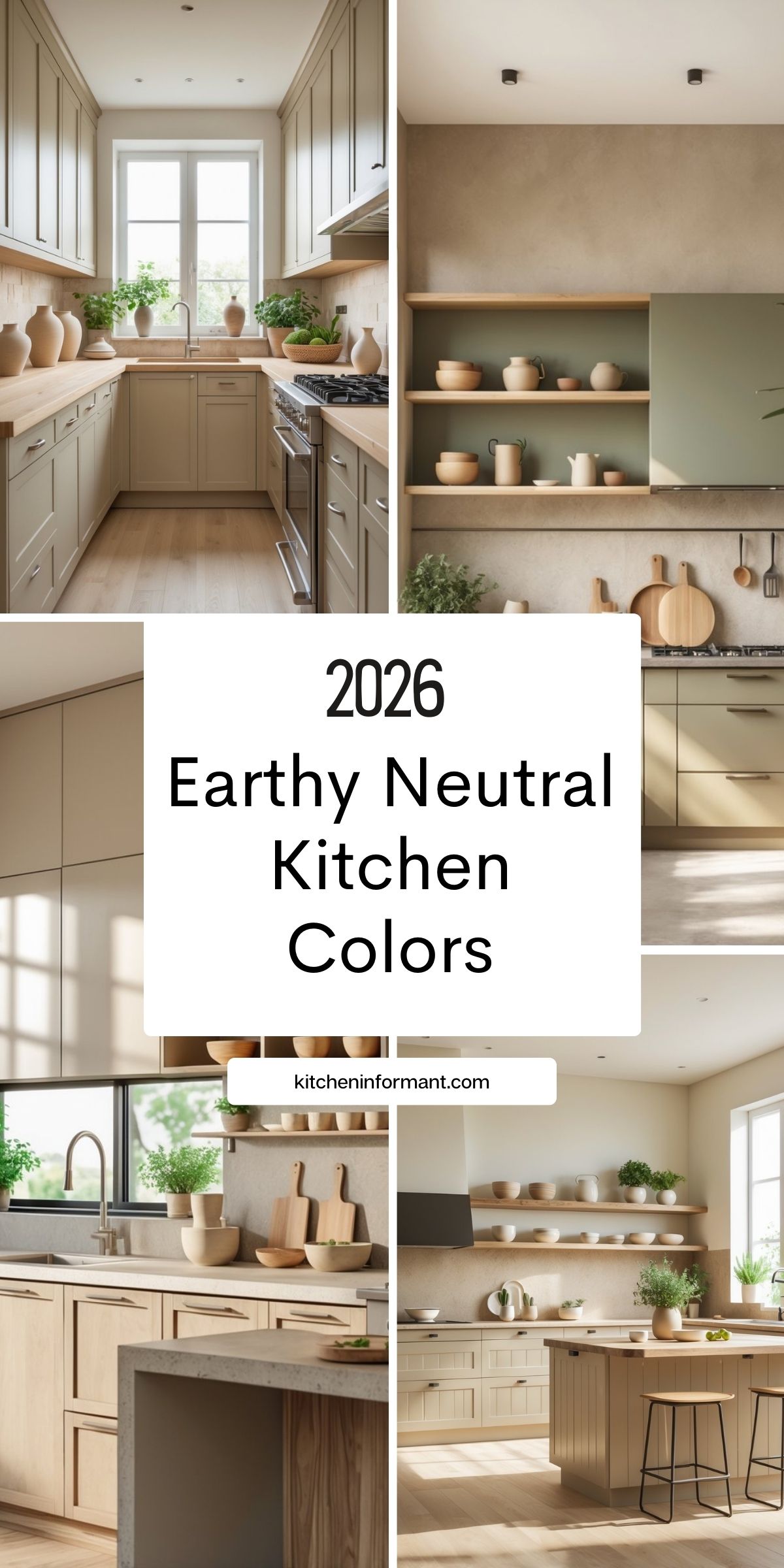 Collage of modern earthy neutral kitchen colors for 2026, with beige, taupe, warm greige, sage green, light wood cabinets, open shelving, and soft natural light. Minimal kitchen design with creamy walls, stone countertops, and simple decor. Text says: “2026 Earthy Neutral Kitchen Colors” and “kitcheninformant.com”.