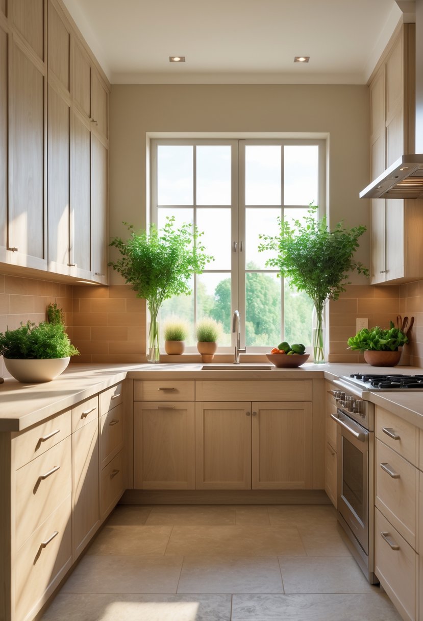 A modern kitchen with natural wood cabinets, stone countertops, green plants, and fresh vegetables on the island.