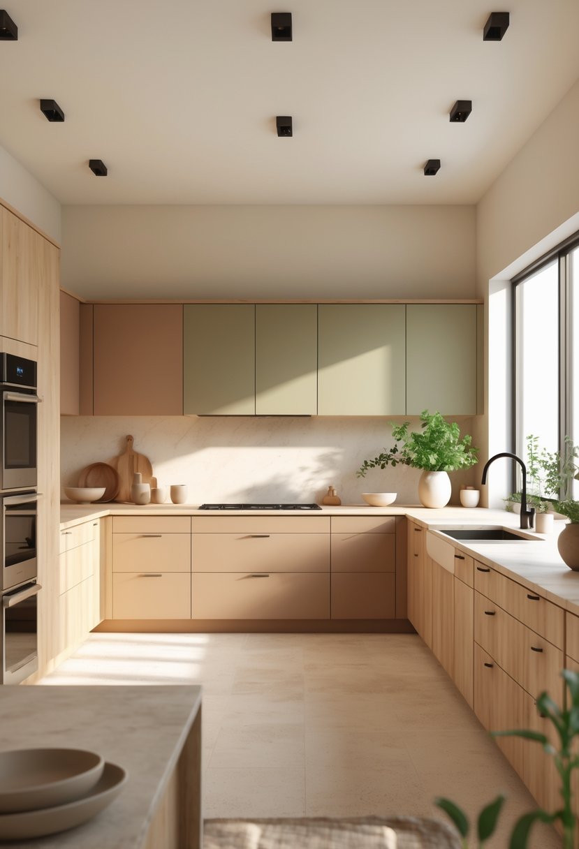 A bright kitchen with wooden cabinets, stone countertops, and natural light, featuring earthy neutral colors and simple decor.
