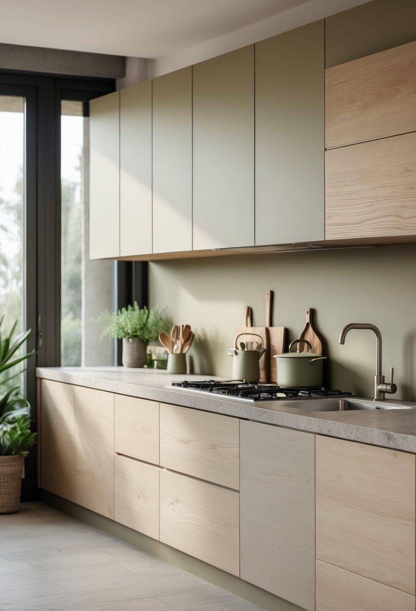 A clean and organized kitchen with earthy neutral colors, wooden cabinets, stone countertops, and natural light coming through large windows.