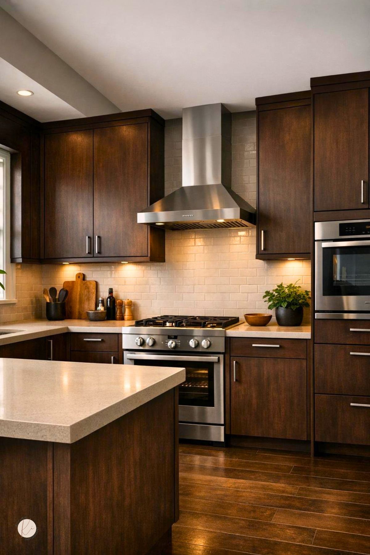 Warm modern kitchen with dark brown wood cabinets, light beige subway tile backsplash, and stainless steel oven and range hood. A white quartz island sits in the foreground, with wood cutting boards, utensils, and a small potted plant on the counters. Dark wood floors and under-cabinet lighting give the space a cozy kitchen design feel. Small Kitchen Informant logo at bottom left.
