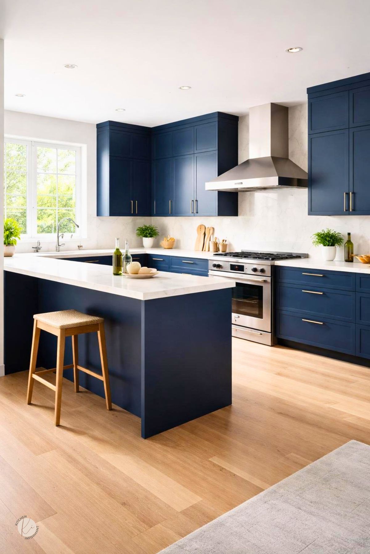 A modern kitchen with midnight blue cabinets, white marble countertops, stainless steel appliances, wooden flooring, and green plants.