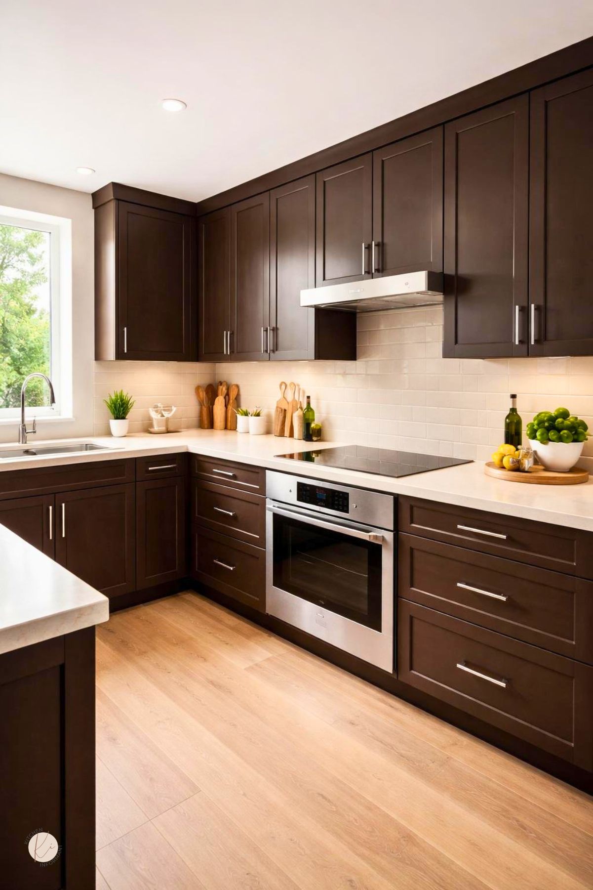 A modern kitchen with espresso brown cabinets, light countertops, stainless steel appliances, and natural light coming through a window.
