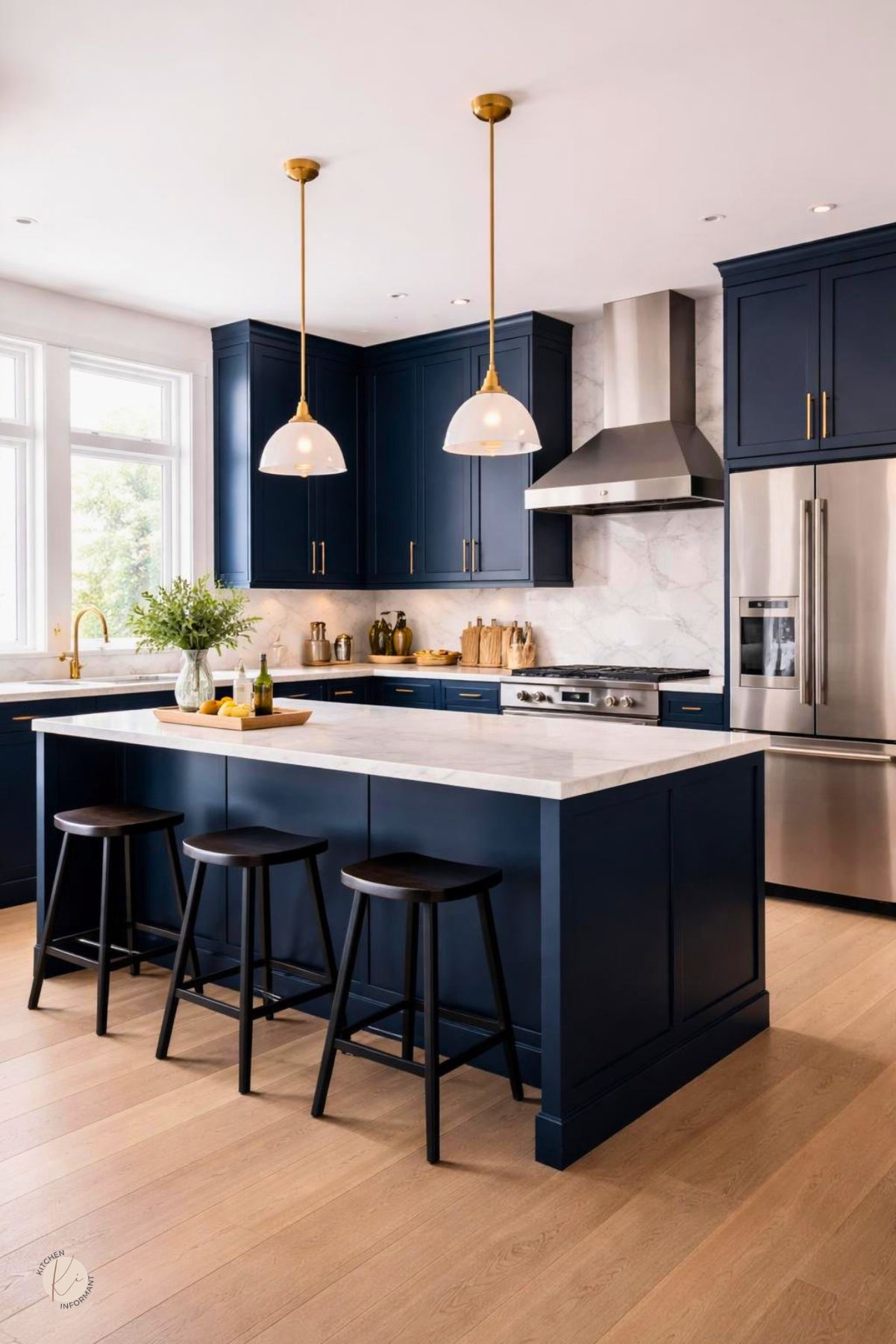 A modern kitchen with midnight blue cabinets, white countertops, stainless steel appliances, and natural light coming through large windows.