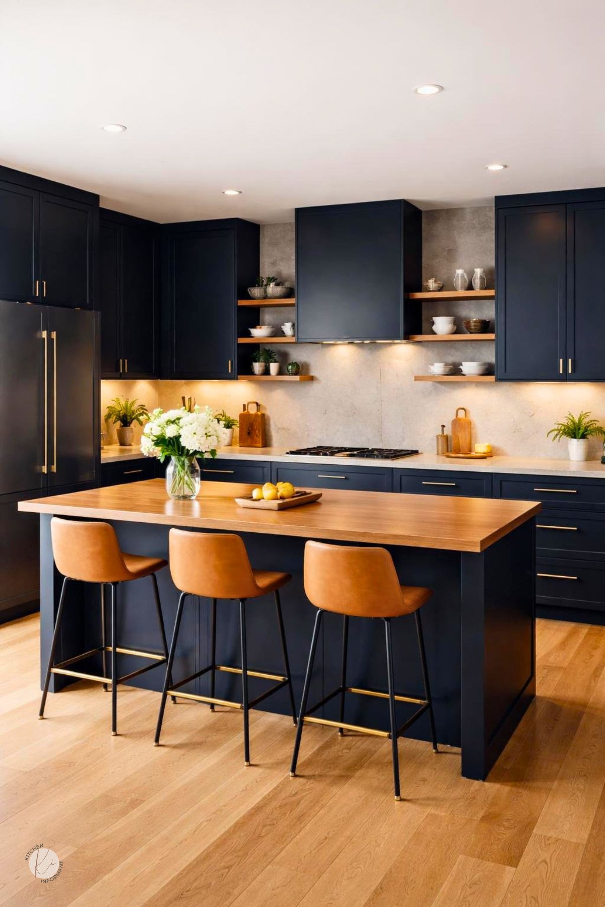 A modern kitchen with midnight blue cabinets, wooden countertops, brass hardware, and natural light illuminating the space.