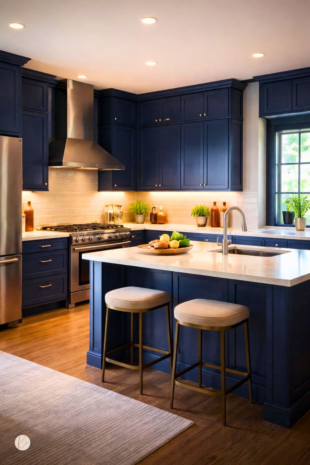 A modern kitchen with midnight blue cabinets, light countertops, stainless steel appliances, and soft natural lighting.