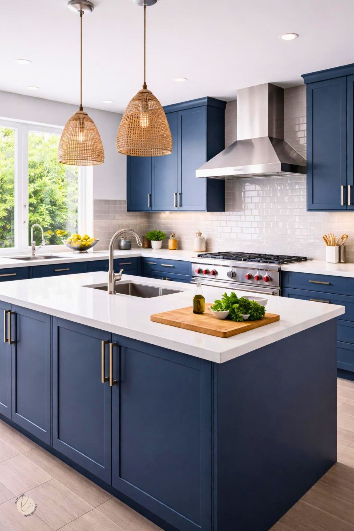 A modern kitchen with midnight blue cabinets, white countertops, stainless steel appliances, and natural light from large windows.