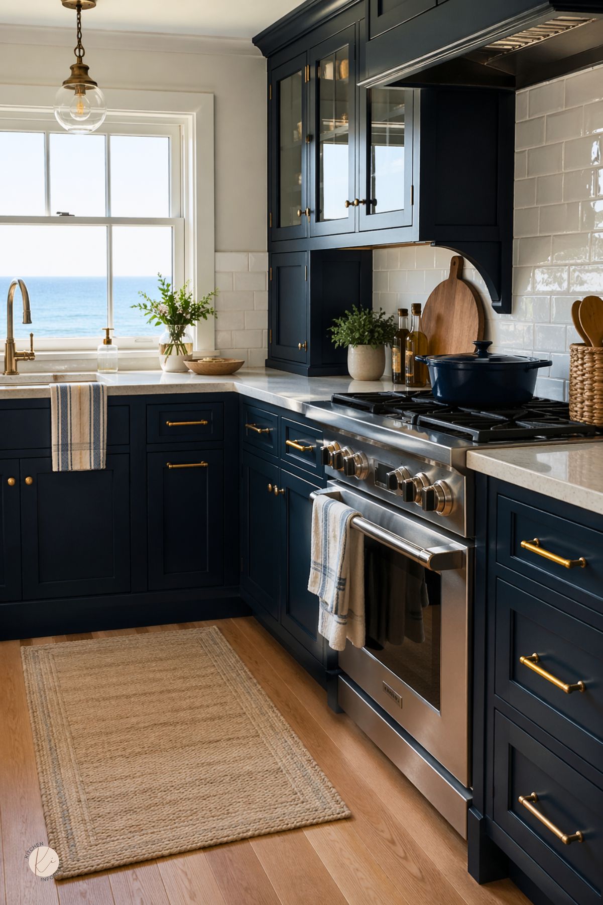 Navy blue coastal kitchen with shaker cabinets, brass hardware, white subway tile, light quartz counters, and a stainless steel range. A woven rug and striped towels add warmth, while the window above the sink looks out to the ocean. Small decor includes plants, cutting boards, and a dark Dutch oven on the stove. Text: Kitchen Informant logo.