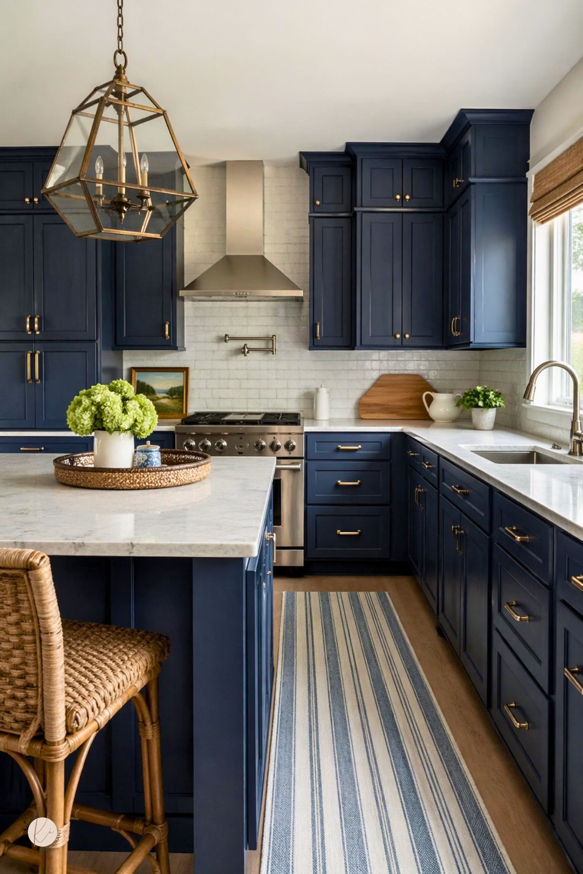 Navy blue coastal kitchen with shaker cabinets, brass pulls, white subway tile, quartz countertops, and stainless steel appliances. A striped runner, woven barstool, lantern pendant, and tray of green hydrangeas add a warm beach house feel. Window sink, wood accents, and a small Kitchen Informant logo appear in the image.