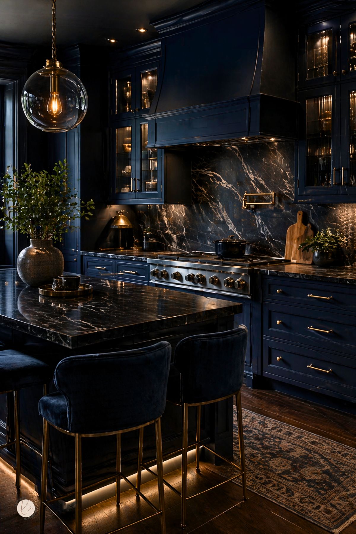 Moody luxe midnight blue kitchen with dark navy cabinets, black marble countertops and backsplash, brass hardware, and a large statement range hood. Warm lighting, glass globe pendant, velvet bar stools, and an ornate rug give it a dramatic high-end feel. Small Kitchen Informant logo at bottom left.
