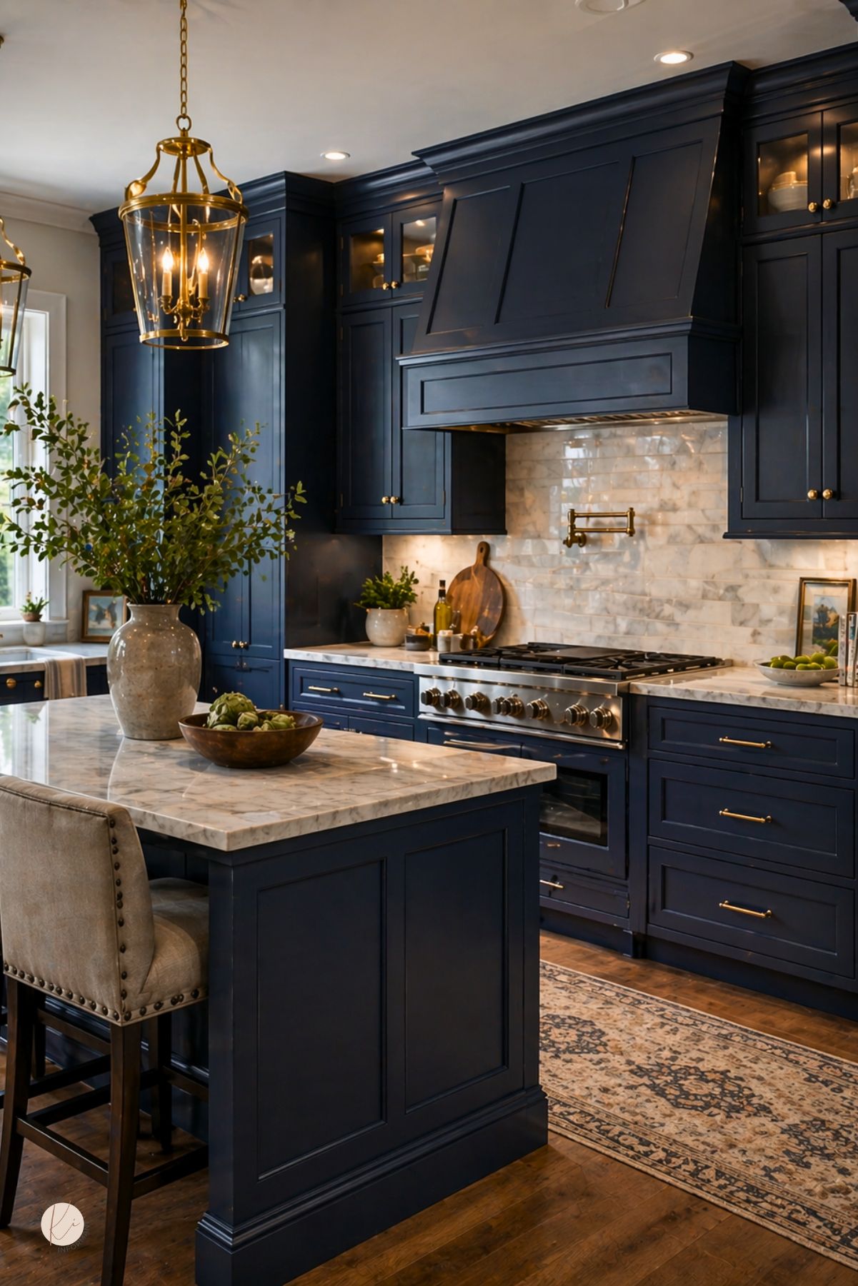 Transitional midnight blue kitchen with tall shaker cabinets, brass hardware, marble countertops, and a marble tile backsplash behind a large matching range hood. Warm lantern pendants, a navy island, stainless steel range, wood floors, and a patterned runner create a polished, upscale kitchen design. Small Kitchen Informant logo at bottom left.