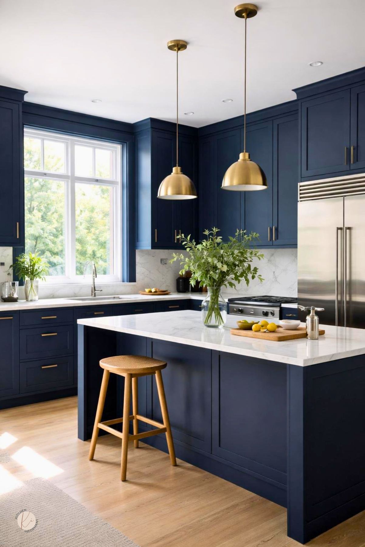 A modern kitchen with deep midnight blue cabinets, white marble countertops, stainless steel appliances, and natural light coming through large windows.