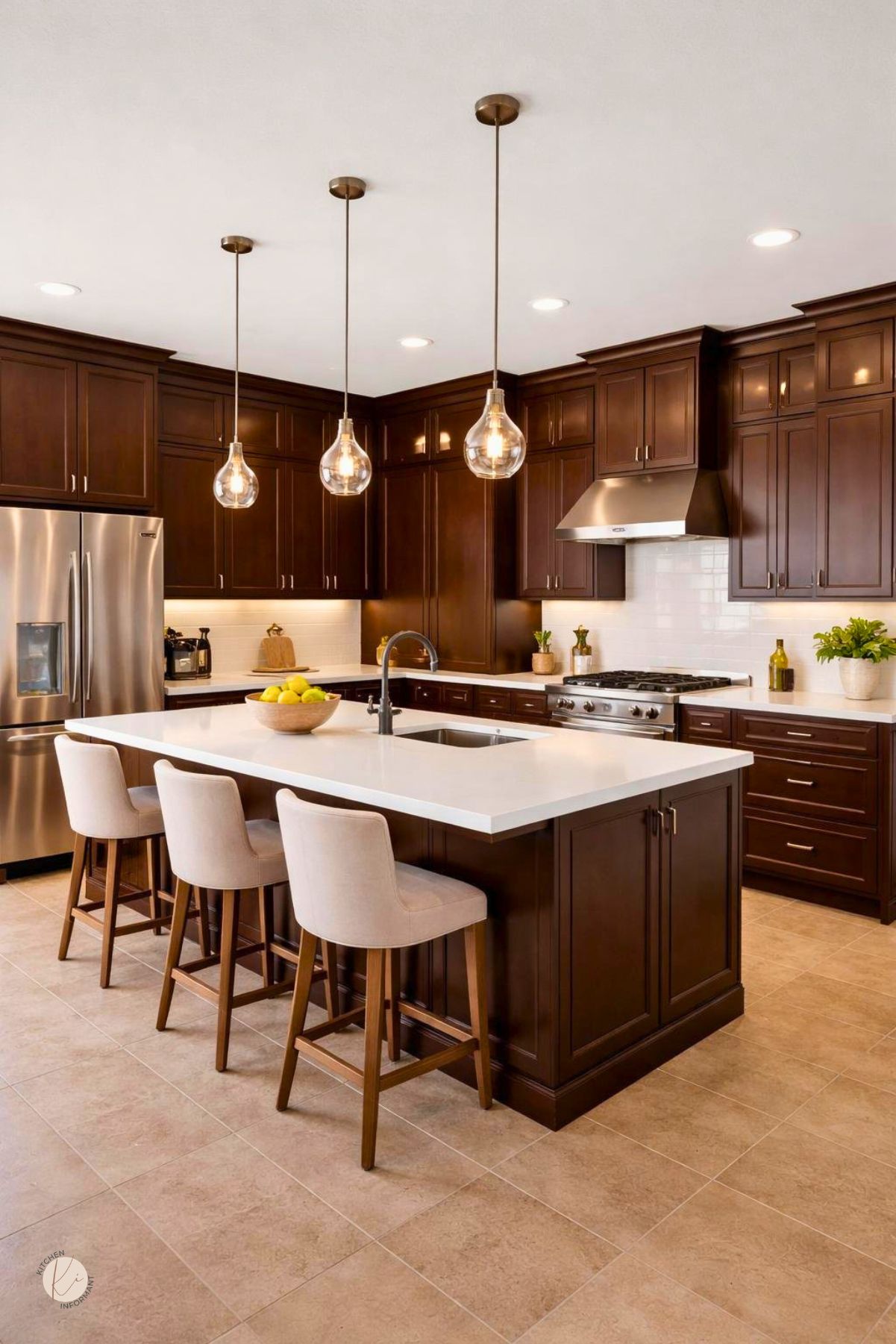 A modern kitchen with espresso brown cabinets, a kitchen island, stainless steel appliances, and natural light.