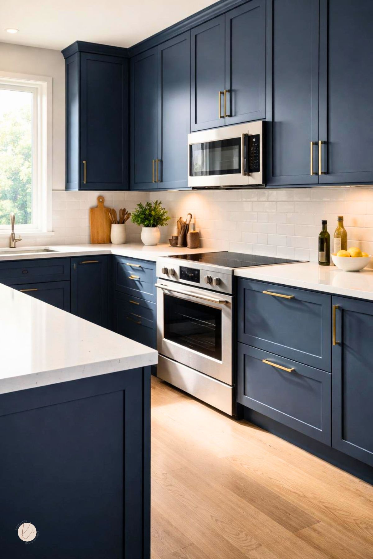 A modern kitchen with deep blue cabinets and light-colored countertops, featuring stainless steel appliances and natural light.